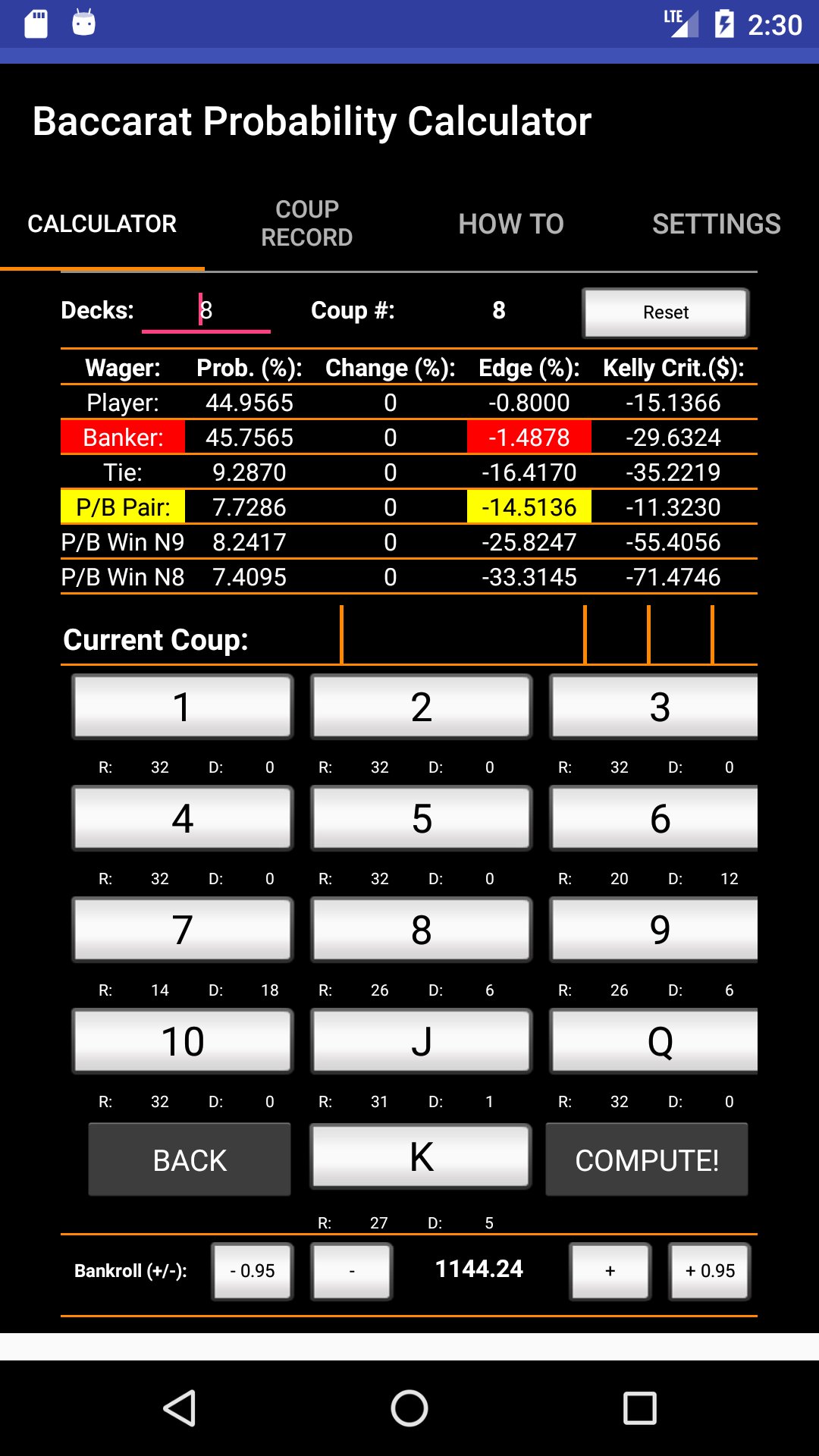 Baccarat Probability Calculato
